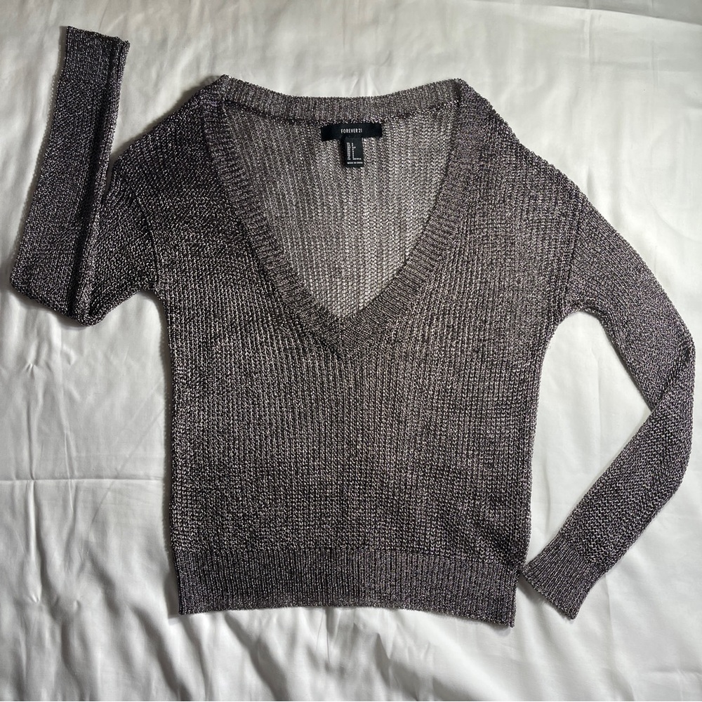 Forever 21 Metallic Sheer Knit Sweater- Shimmer Silver Chainlike Look Top